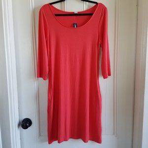 Old Navy Ballet-Neck Dress~Coral Orange Rayon Jersey~3/4 Sleeves, Pockets~M NWT